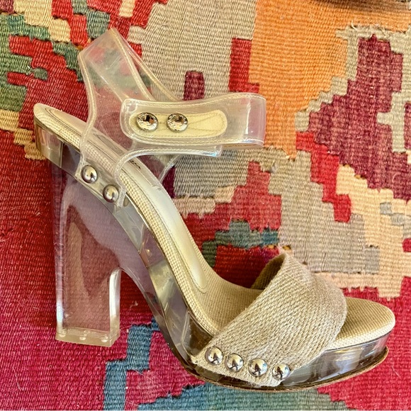 PRADA SP10 Clear PVC Platform Heels Beige Burlap Raffia Strap, sz 38.5 - Picture 2 of 13